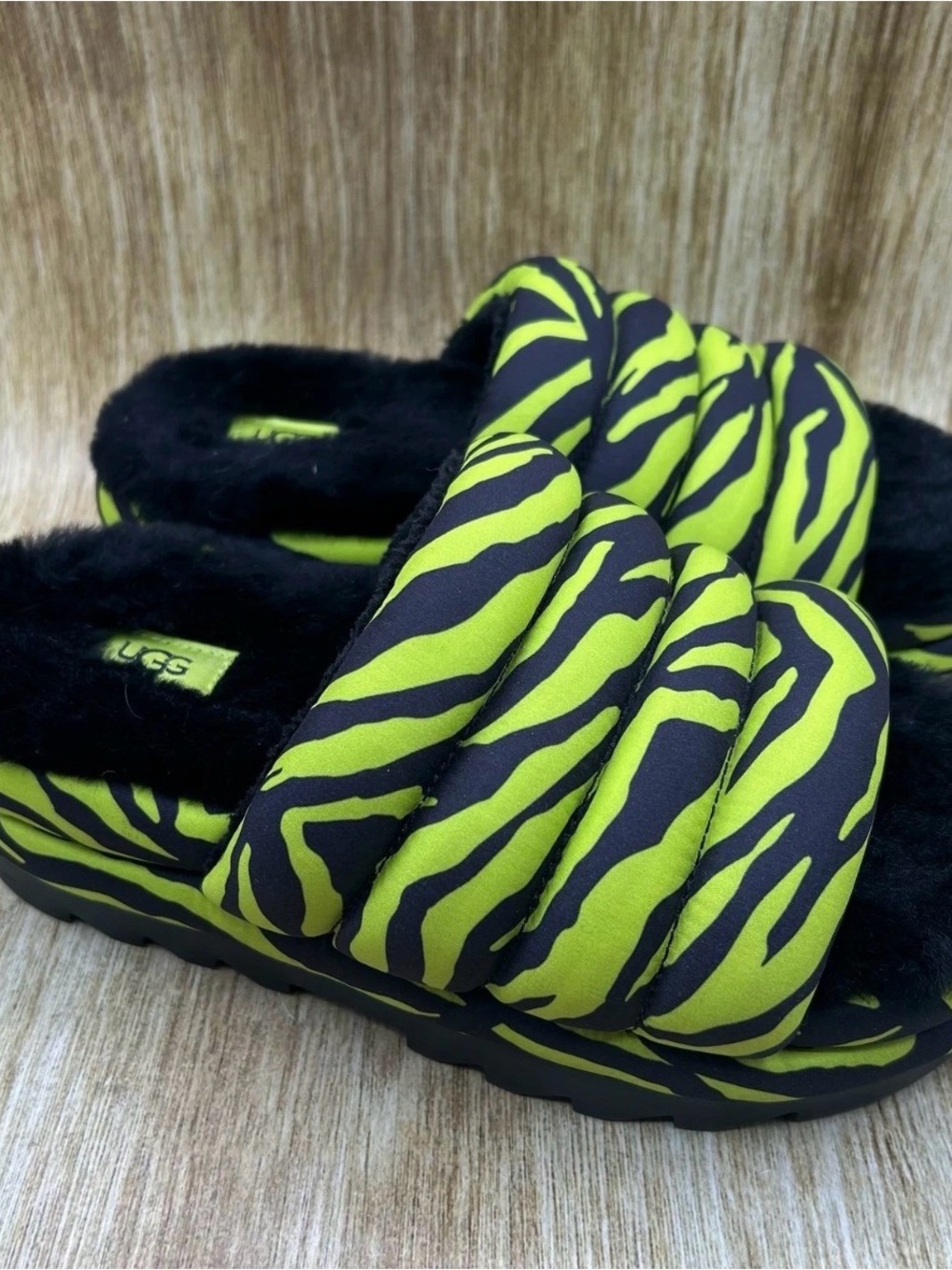 UGG Neon Yellow and Black Zebra Quilted Slide Sandals